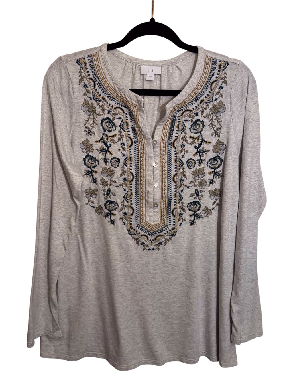 J. Jill Size Medium Gray Floral Embroidered Top Long Sleeve Boho Henley Stretch